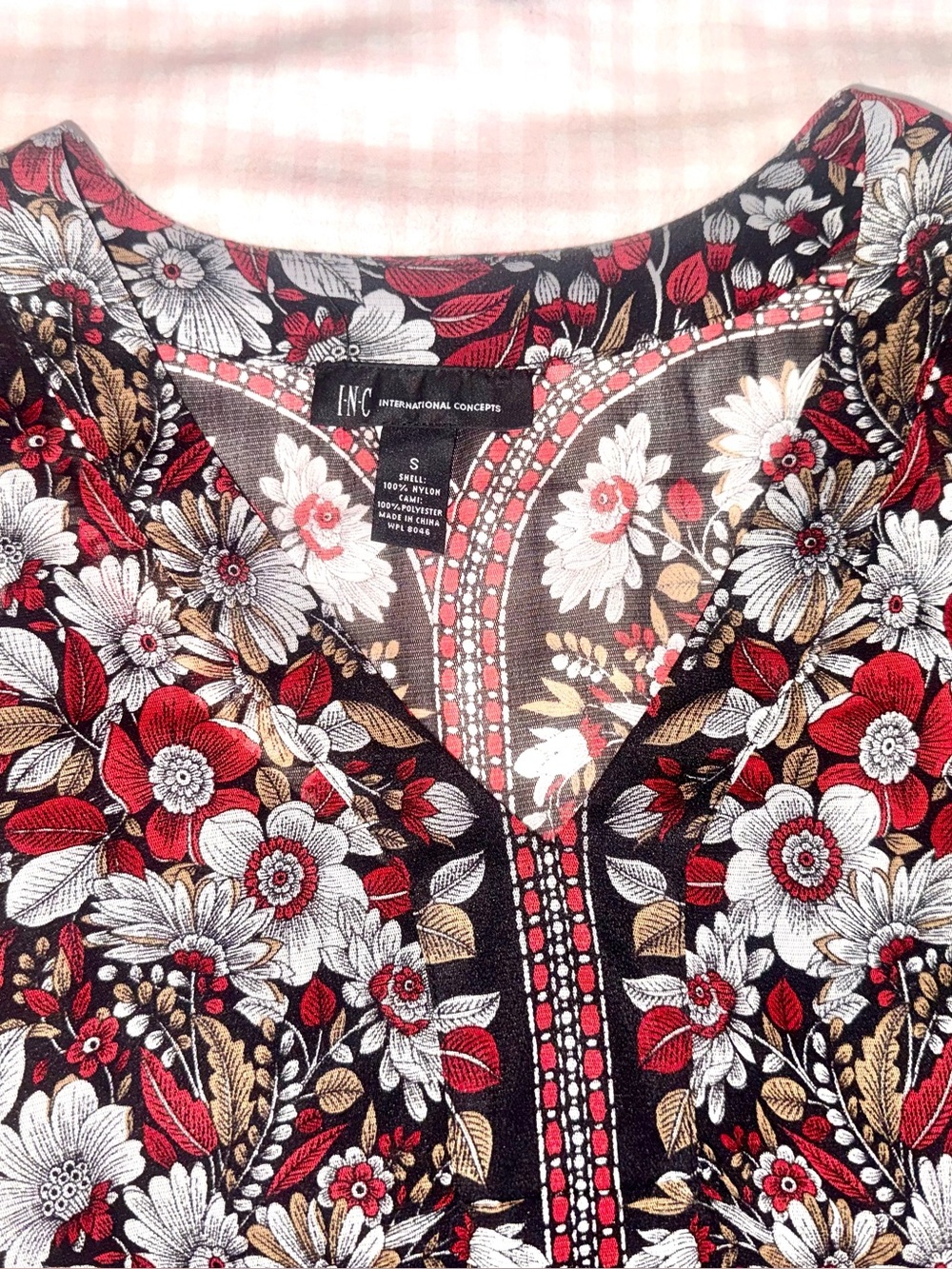 INC International Concepts Red Black White Floral V-Neck Top